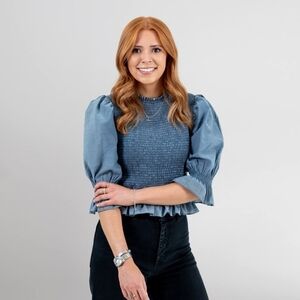 NWT Zara Stella Blue Puff Sleeve Blouse, Sz Large, Denim Look Stretchy Top